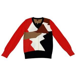 NWOT Stefanel Sweater V-Neck Wool Blend Multicolor Knit Patterned Orange Small